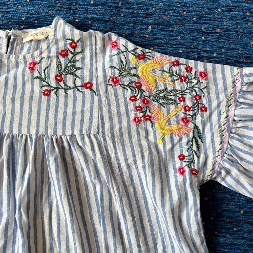Blue and White Striped Embroidered Peasant Top - Picture 7 of 12
